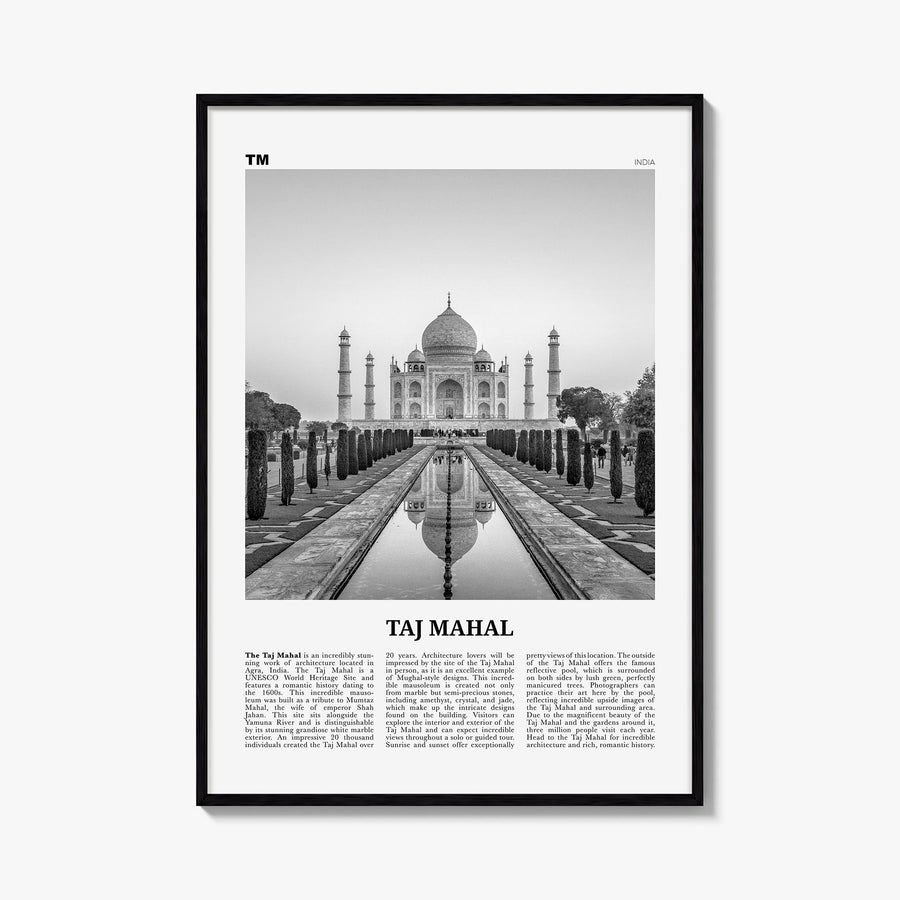 Taj Mahal black & white newspaper poster of India – vertical wall art, unframed print shown in interior mockup