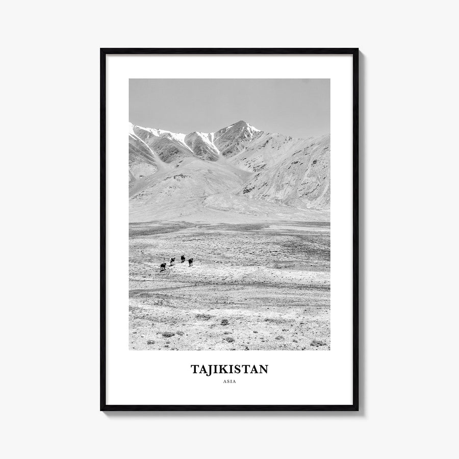 Tajikistan black & white classic poster of Asia – vertical wall art, unframed print shown in interior mockup