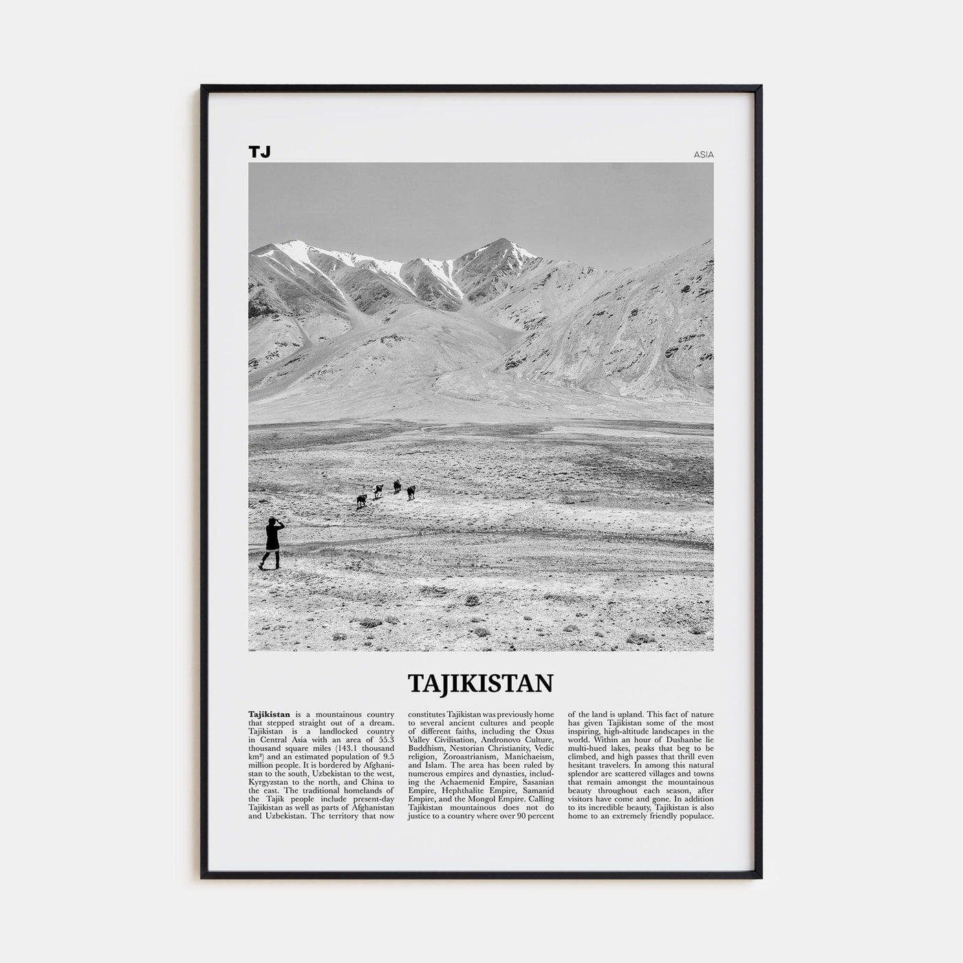 Tajikistan Poster Black Metal / 8x12 in Nbourhood Travel B&W Poster