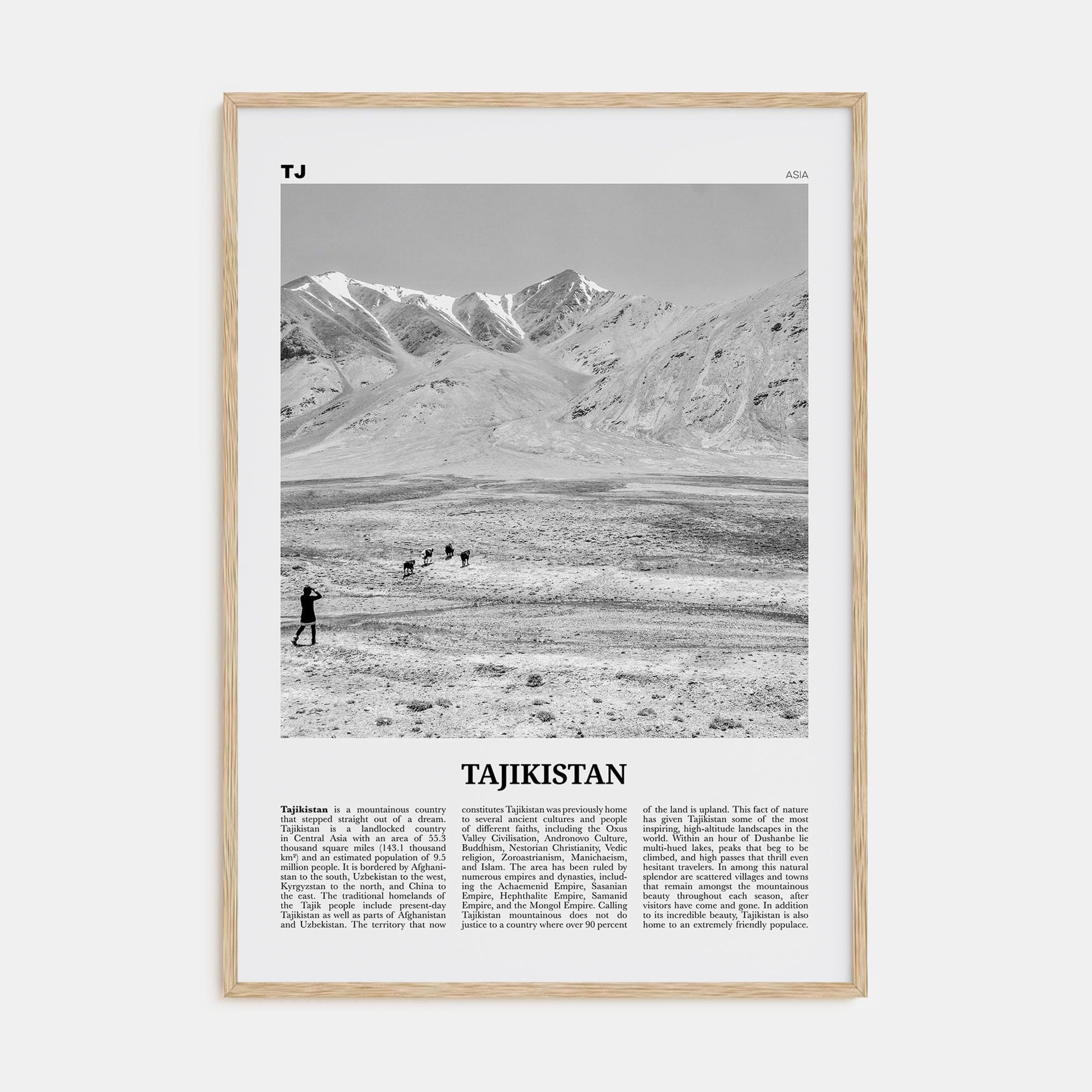 Tajikistan Poster Natural Wood / 8x12 in Nbourhood Travel B&W Poster