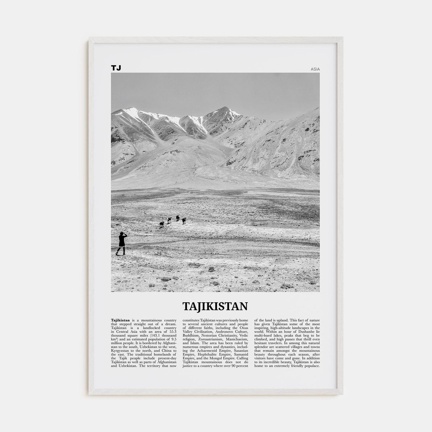 Tajikistan Poster White Wood / 8x12 in Nbourhood Travel B&W Poster