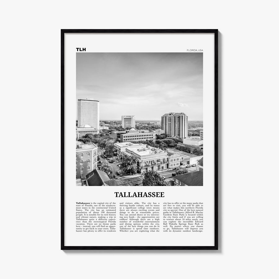 Tallahassee black & white newspaper poster of Florida, USA – vertical wall art, unframed print shown in interior mockup