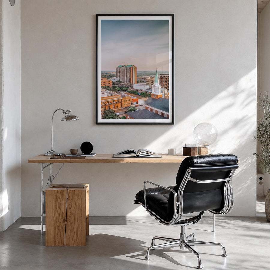 Tallahassee colorful photo poster of Florida, USA – vertical wall art in black wood frame with white border, hanging on wall