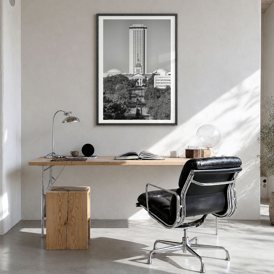 Tallahassee Photo Poster in a black wood frame, hanging in a bright home office, white border
