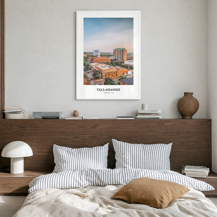 Tallahassee Classic Poster in a white wood frame, hanging in a bedroom