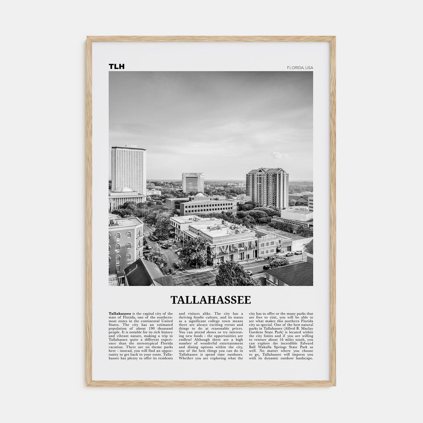 Tallahassee Poster Natural Wood / 8x12 in Nbourhood Travel B&W Poster