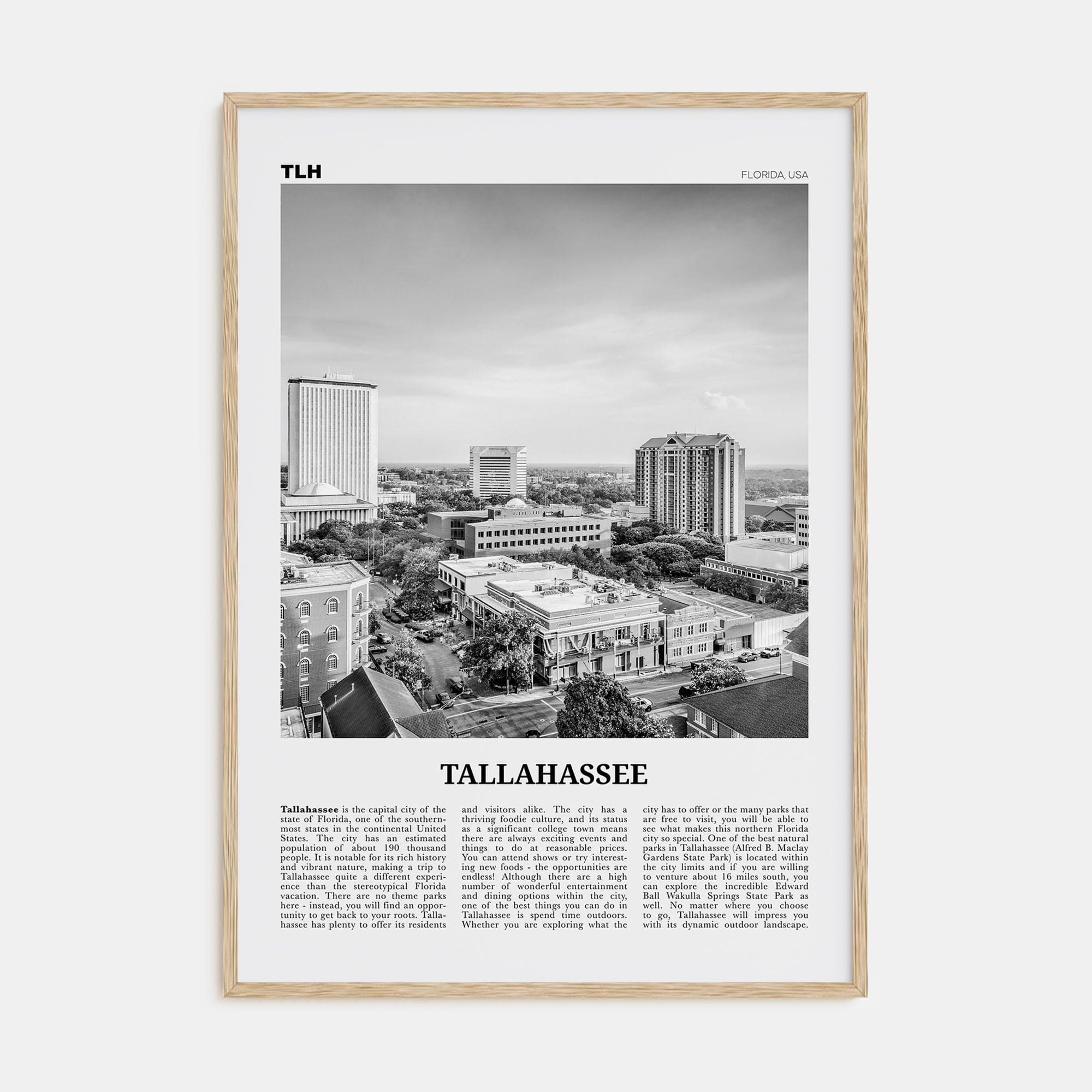 Tallahassee Poster Natural Wood / 8x12 in Nbourhood Travel B&W Poster