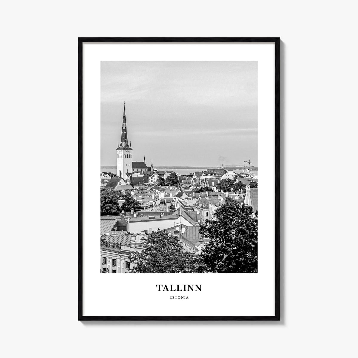 Tallinn black & white classic poster of Estonia – vertical wall art, unframed print shown in interior mockup