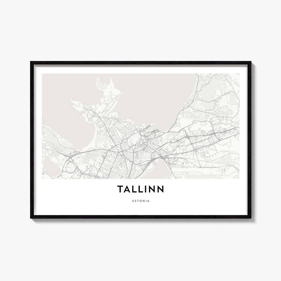 Tallinn black & white map poster of Estonia – horizontal wall art, unframed print shown in interior mockup