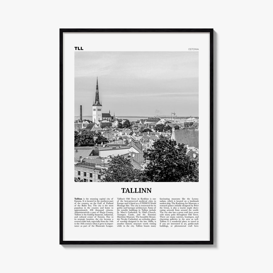 Tallinn black & white newspaper poster of Estonia – vertical wall art, unframed print shown in interior mockup