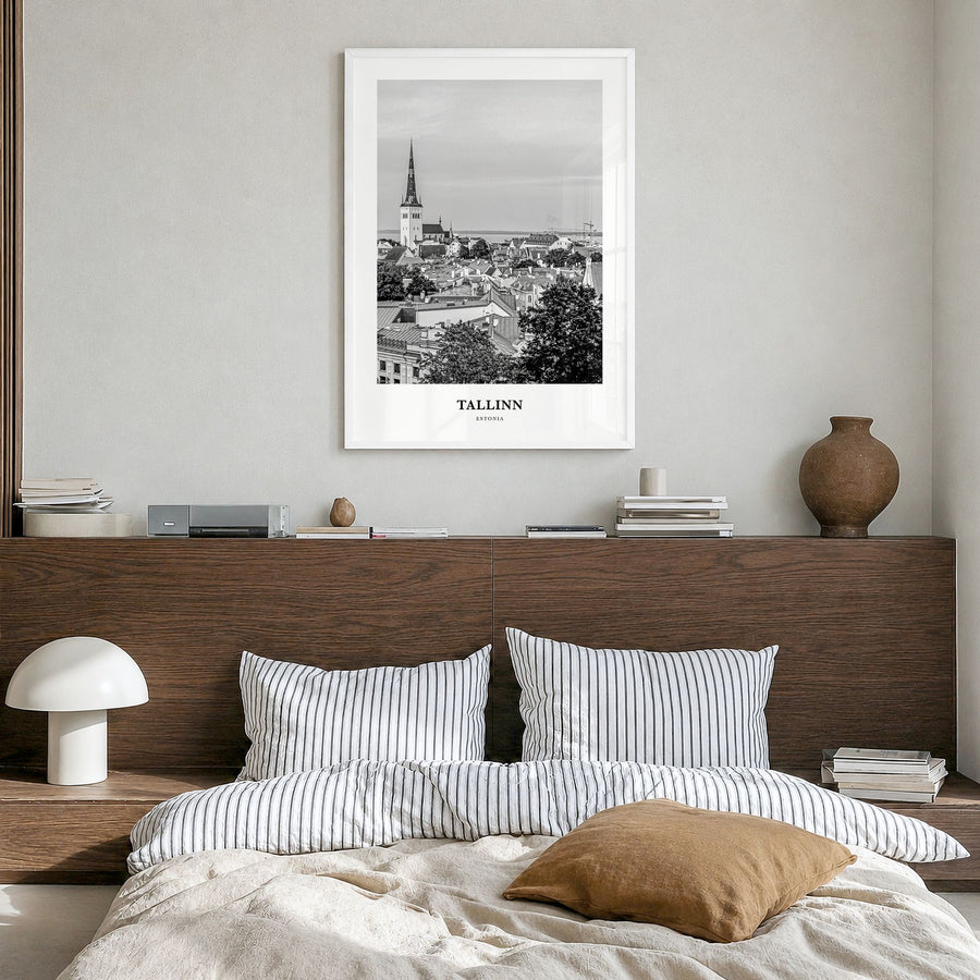 Tallinn Classic Poster in a white wood frame, hanging in a bedroom
