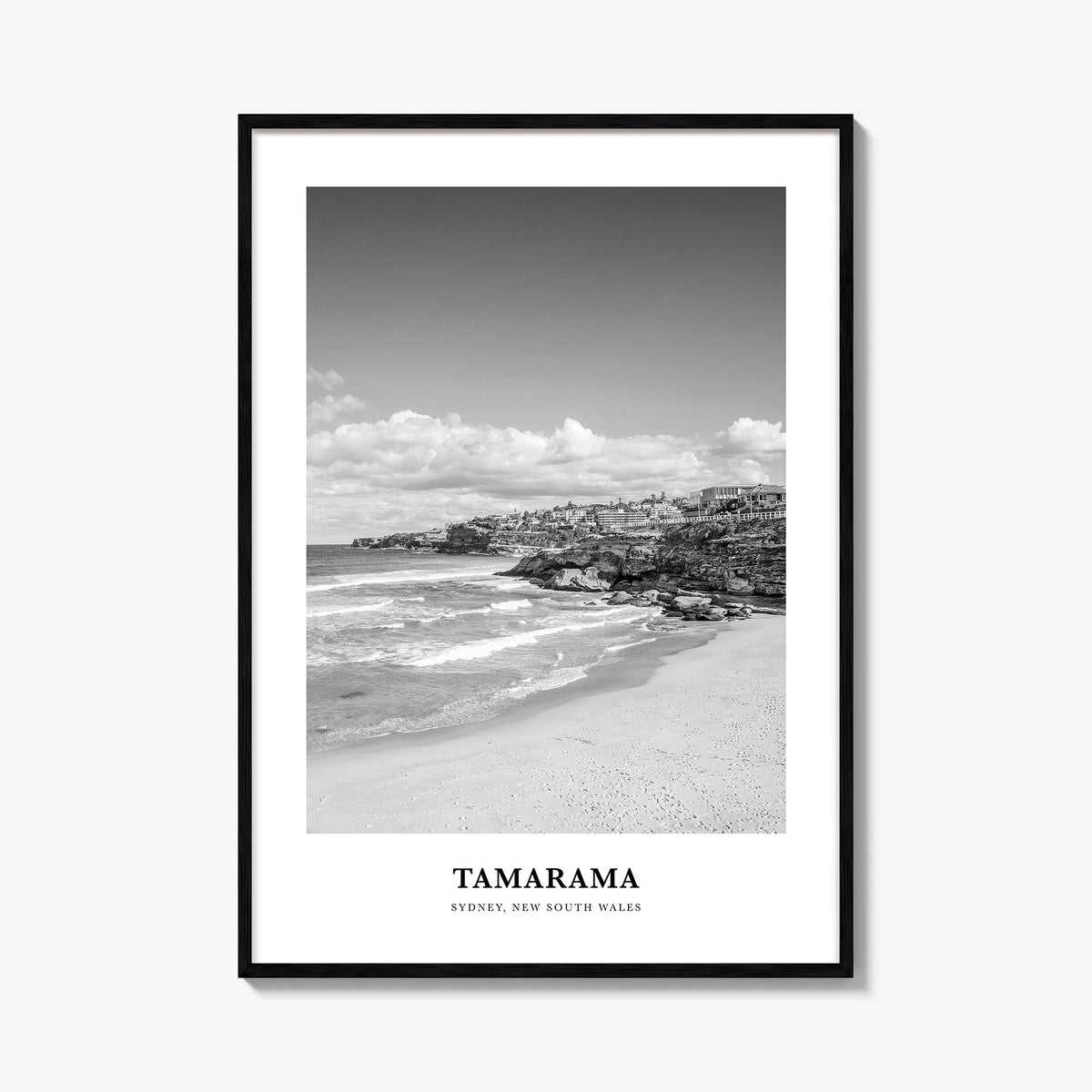 Tamarama black & white classic poster of Sydney, New South Wales – vertical wall art, unframed print shown in interior mockup