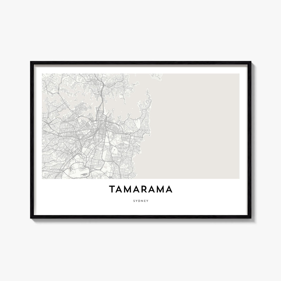 Tamarama black & white map poster of Sydney, New South Wales – horizontal wall art, unframed print shown in interior mockup