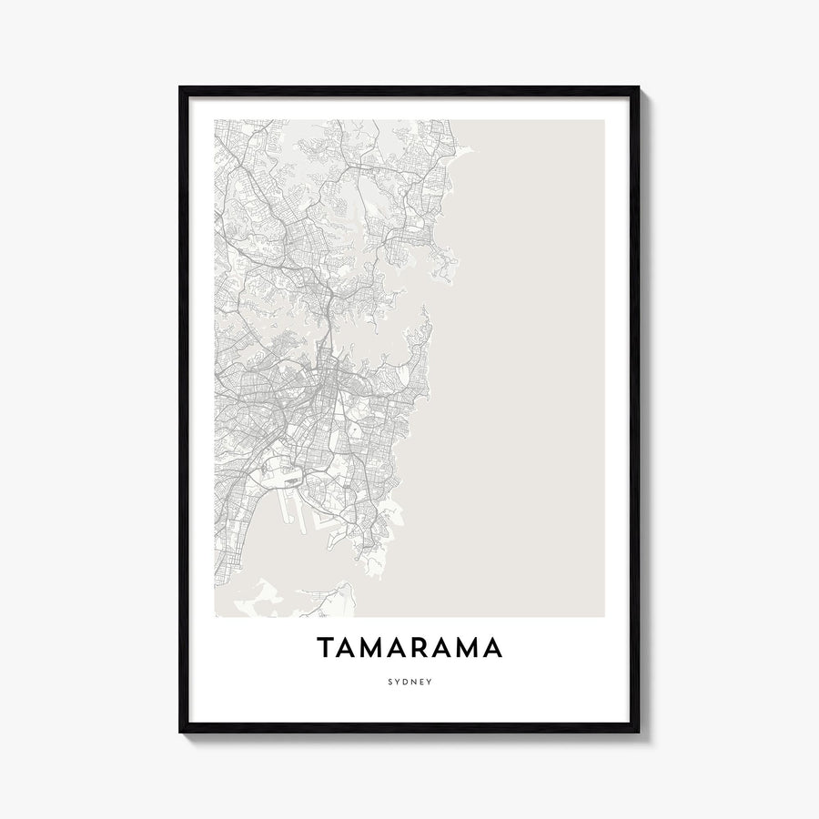 Tamarama black & white map poster of Sydney, New South Wales – vertical wall art, unframed print shown in interior mockup