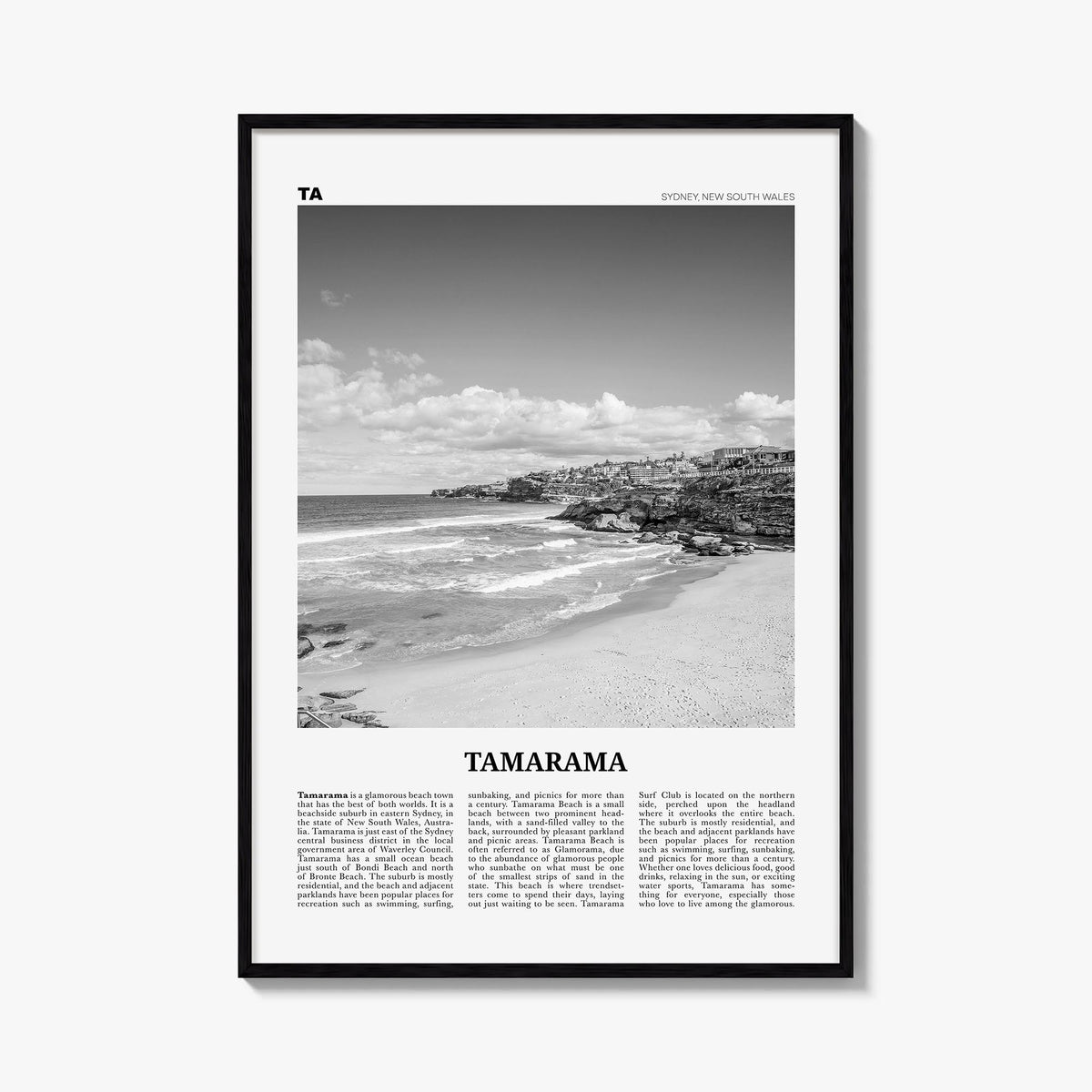 Tamarama black & white newspaper poster of Sydney, New South Wales – vertical wall art, unframed print shown in interior mock