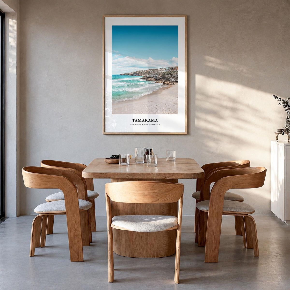 Tamarama colorful classic poster of Sydney, New South Wales – vertical wall art in natural wood frame, hanging on wall