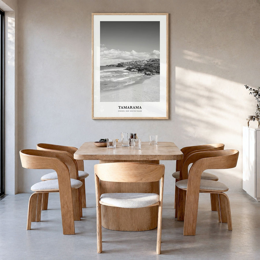 Tamarama Classic Poster in a natural wood frame, hanging in a dining room