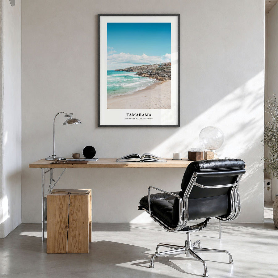 Tamarama Classic Poster in a black wood frame, hanging in a bright home office