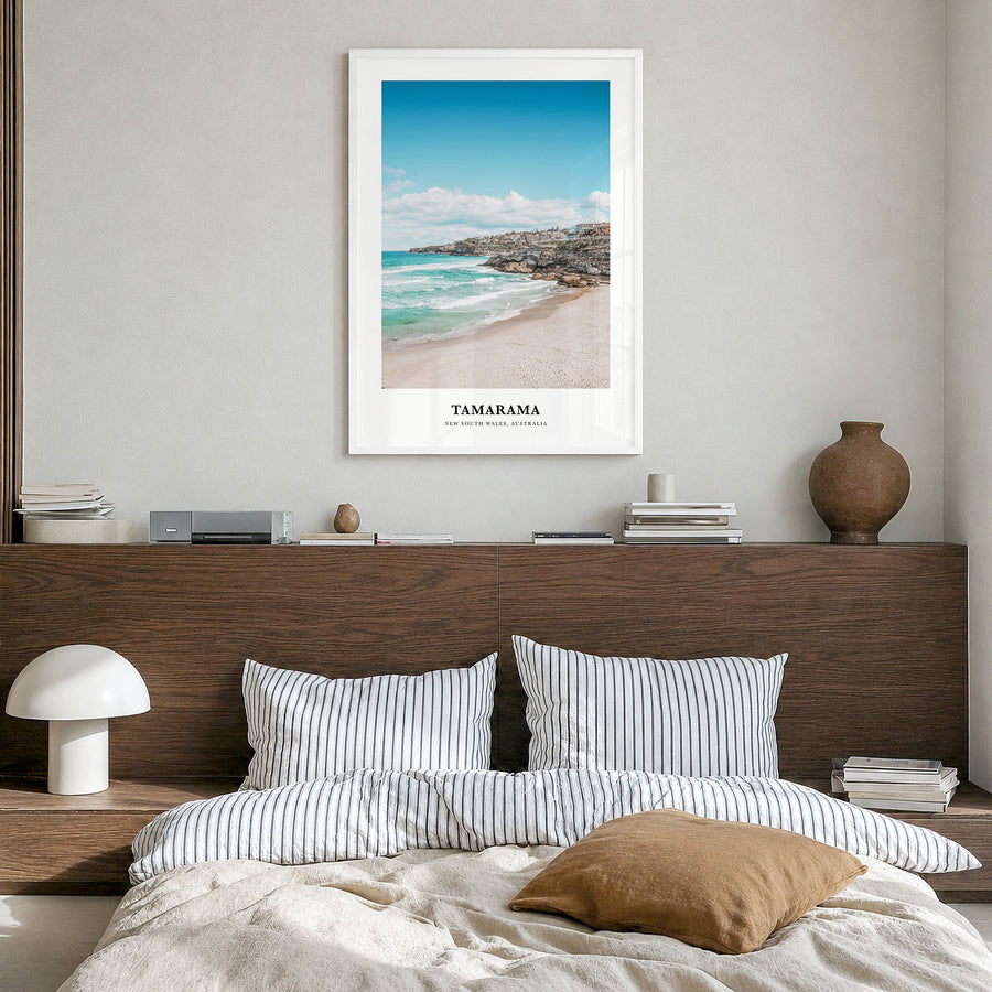 Tamarama Classic Poster in a white wood frame, hanging in a bedroom