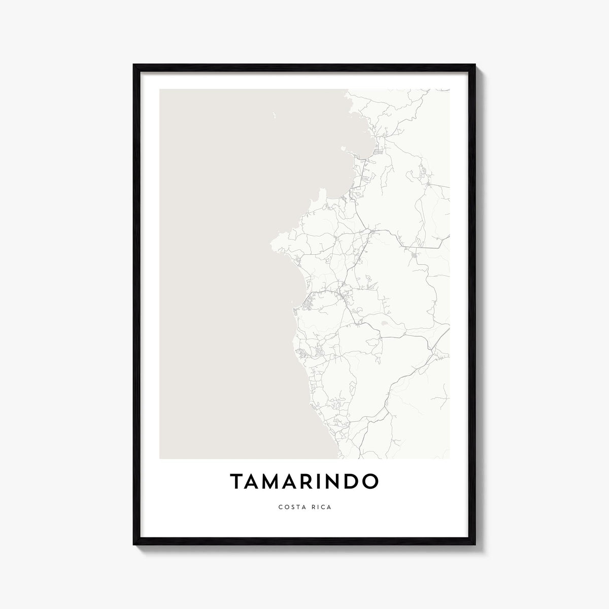 Tamarindo black & white map poster of Costa Rica – vertical wall art, unframed print shown in interior mockup