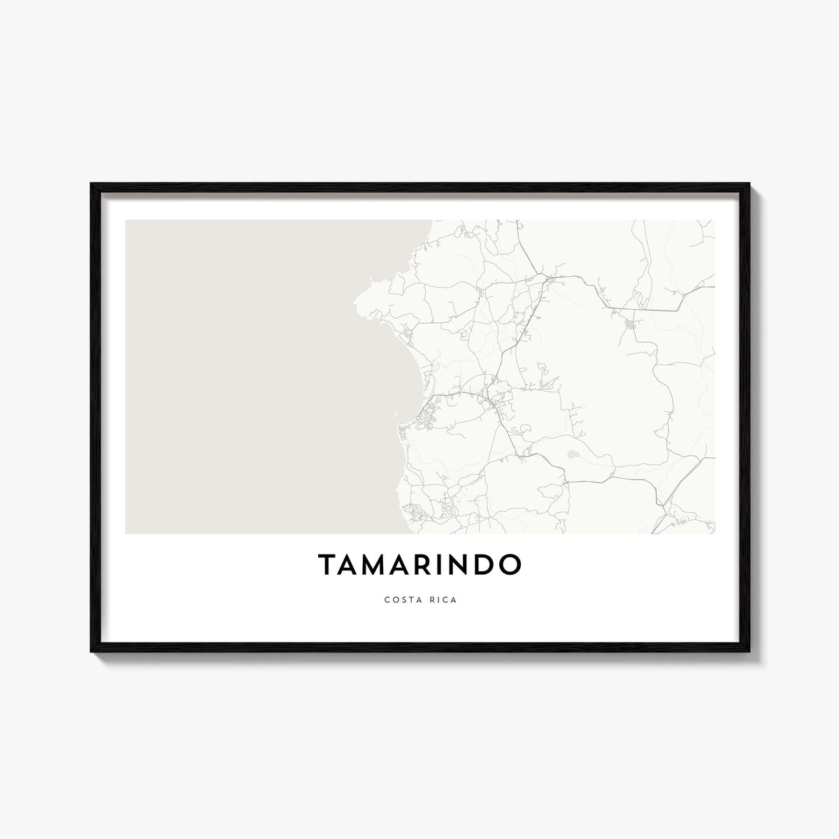 Tamarindo black & white map poster of Costa Rica – horizontal wall art, unframed print shown in interior mockup