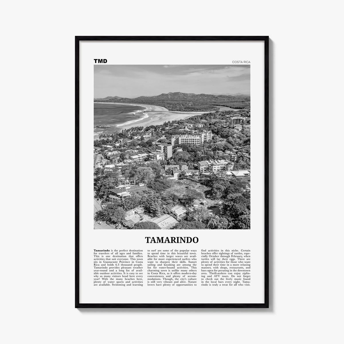Tamarindo black & white newspaper poster of Costa Rica – vertical wall art, unframed print shown in interior mockup