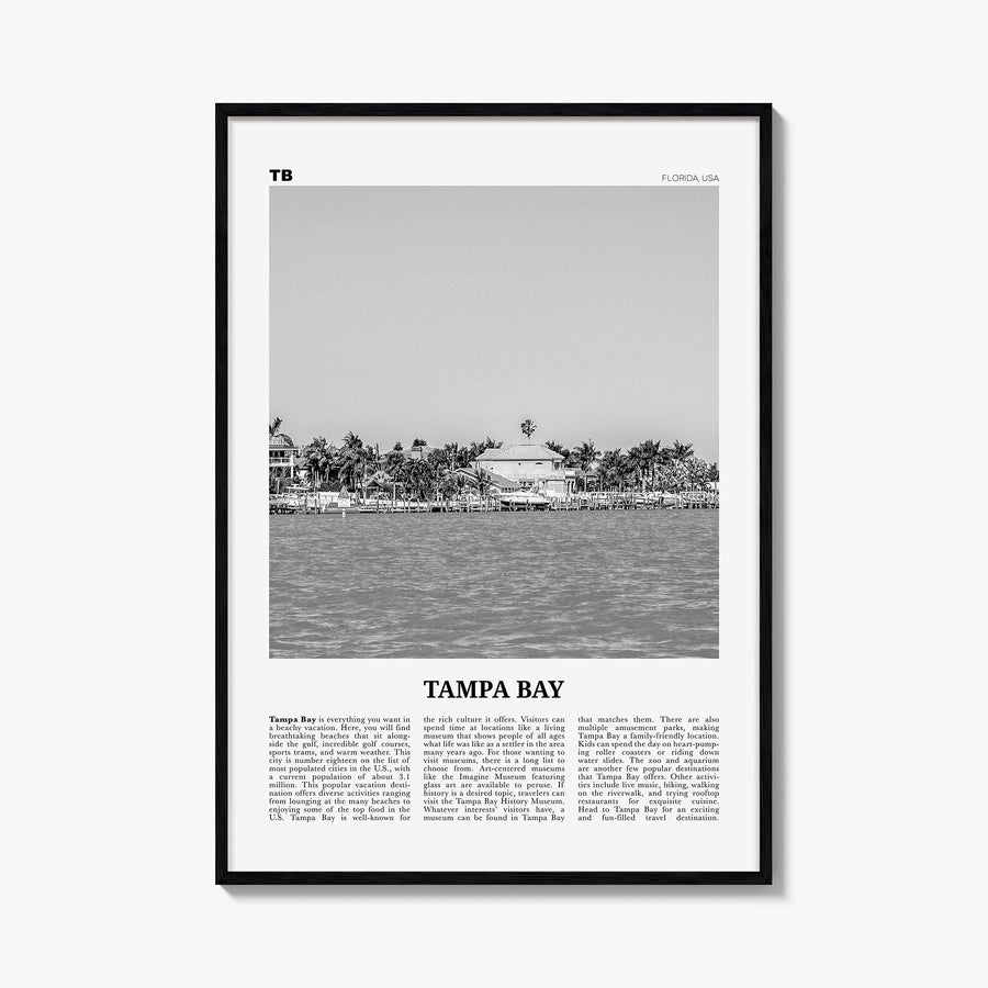 Tampa Bay black & white newspaper poster of Florida, USA – vertical wall art, unframed print shown in interior mockup