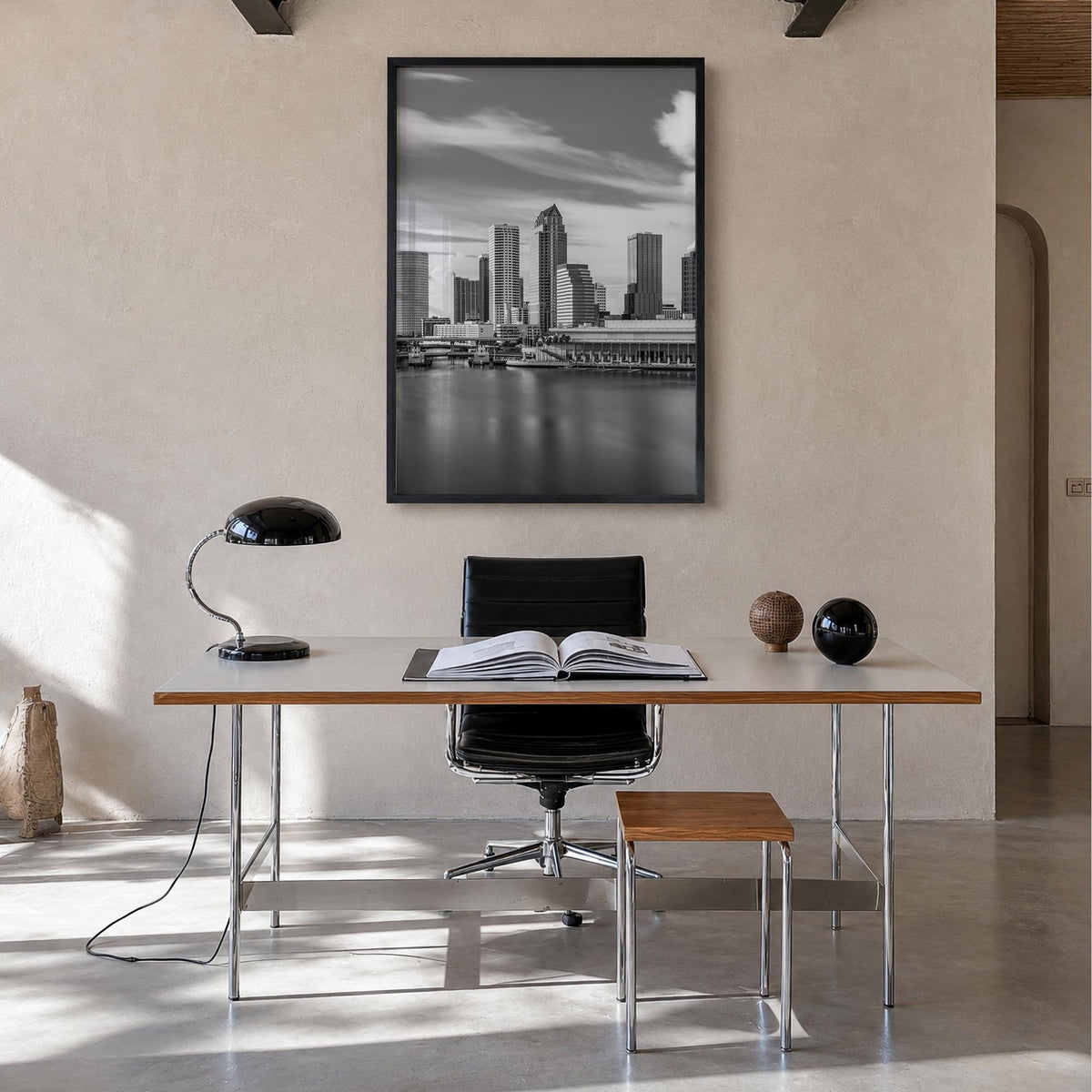 Tampa Bay black & white photo poster of Florida, USA – vertical wall art in black wood frame, hanging on wall