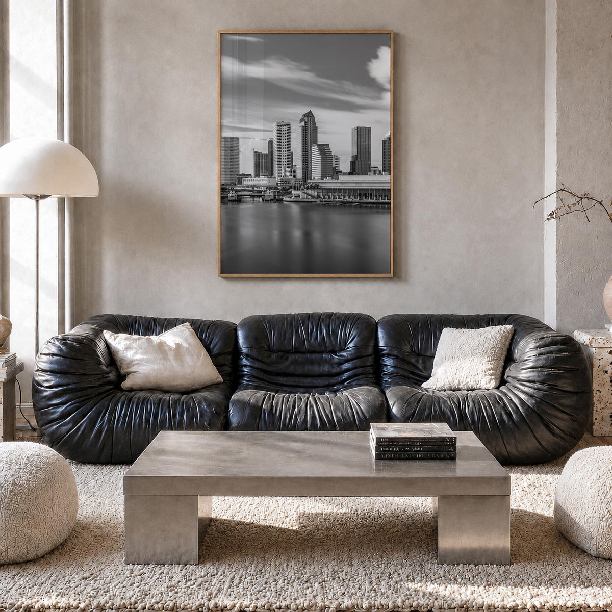 Tampa Bay black & white photo poster of Florida, USA – vertical wall art in natural wood frame, hanging on wall