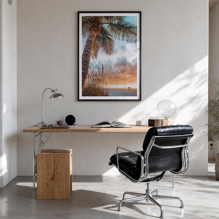 Tampa Bay colorful photo poster of Florida, USA – vertical wall art in black wood frame with white border, hanging on wall