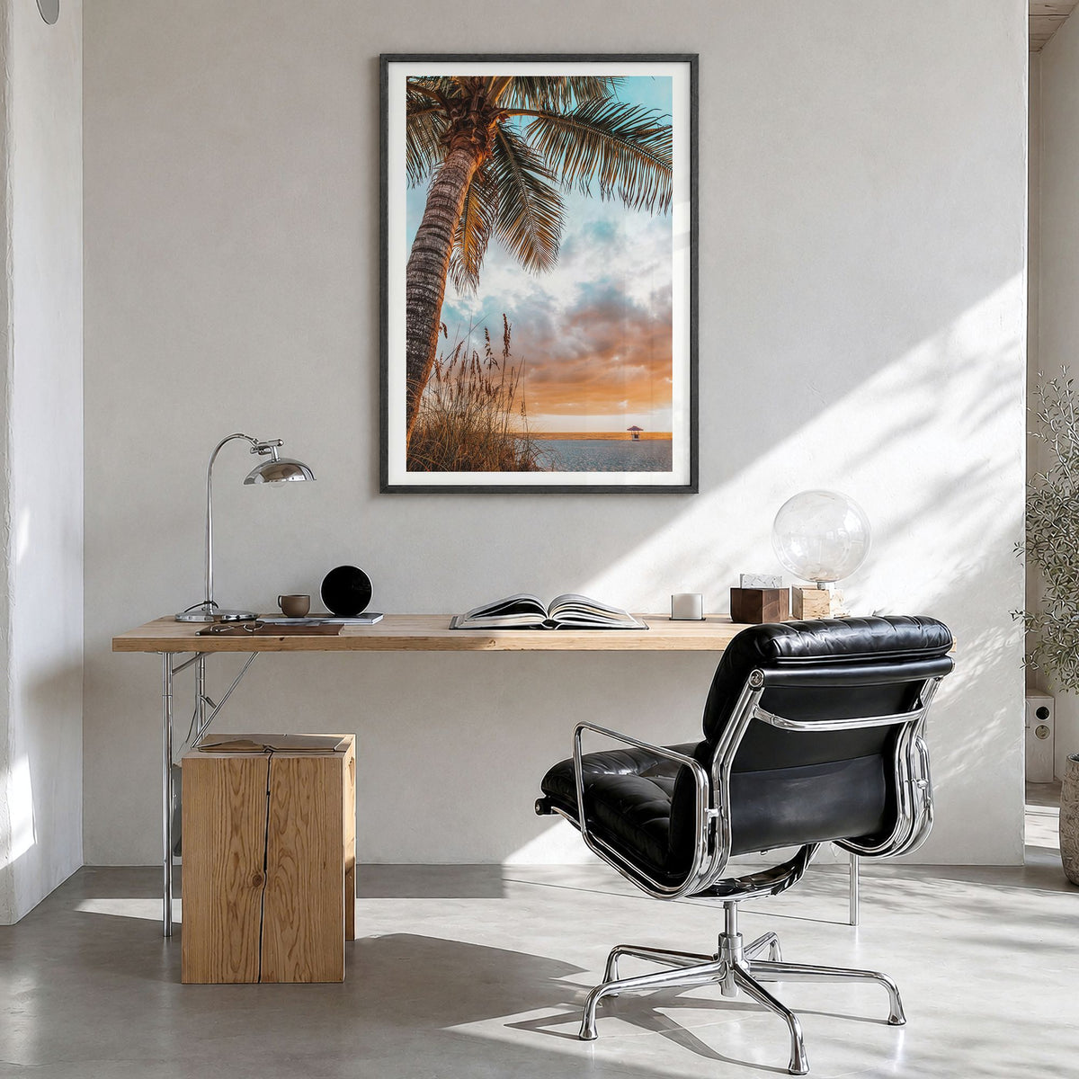 Tampa Bay Photo Poster in a black wood frame, hanging in a bright home office, white border
