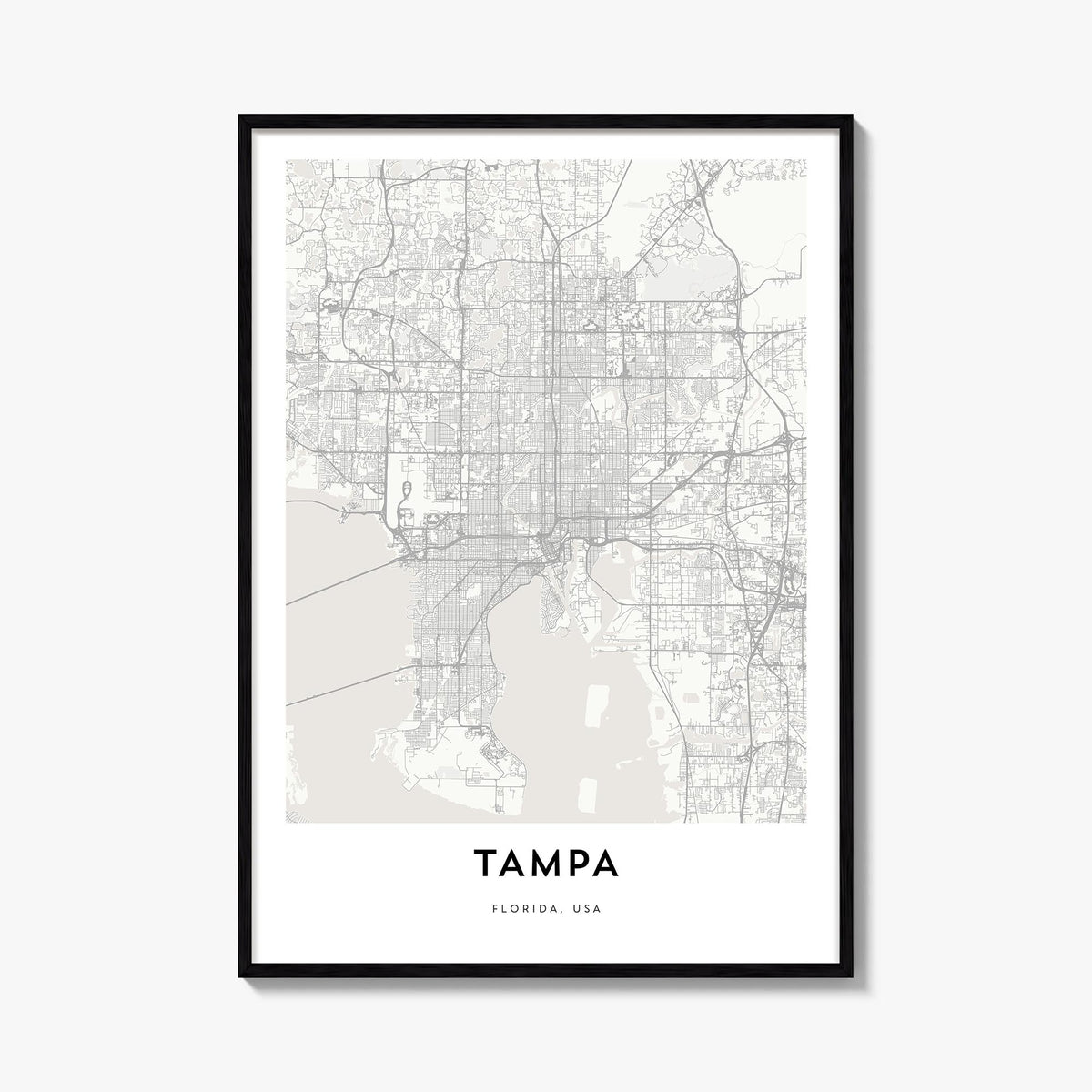 Tampa black & white map poster of Florida, USA – vertical wall art, unframed print shown in interior mockup