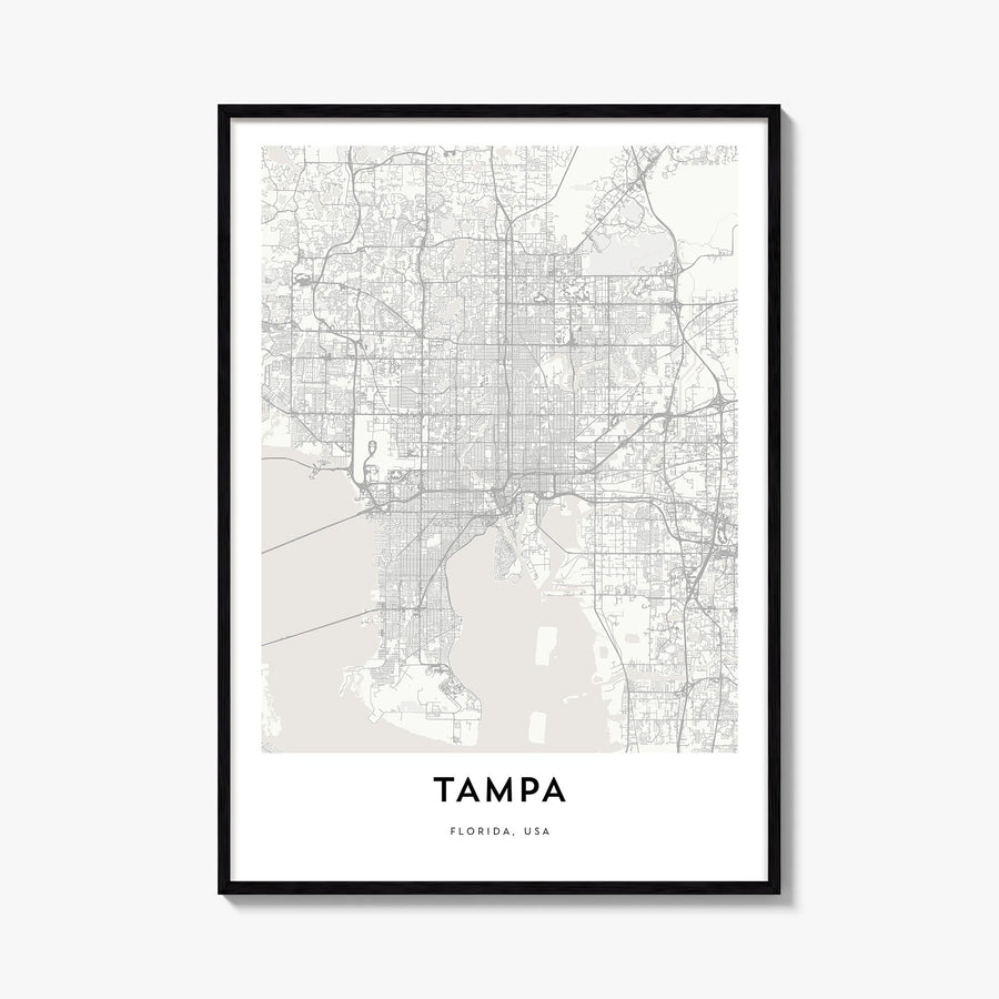 Tampa black & white map poster of Florida, USA – vertical wall art, unframed print shown in interior mockup