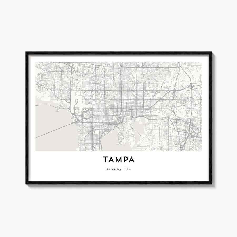 Tampa black & white map poster of Florida, USA – horizontal wall art, unframed print shown in interior mockup