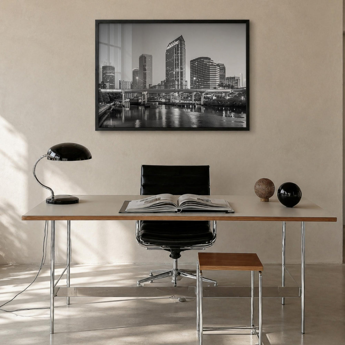Tampa black & white photo poster of Florida, USA – horizontal wall art in black wood frame, hanging on wall