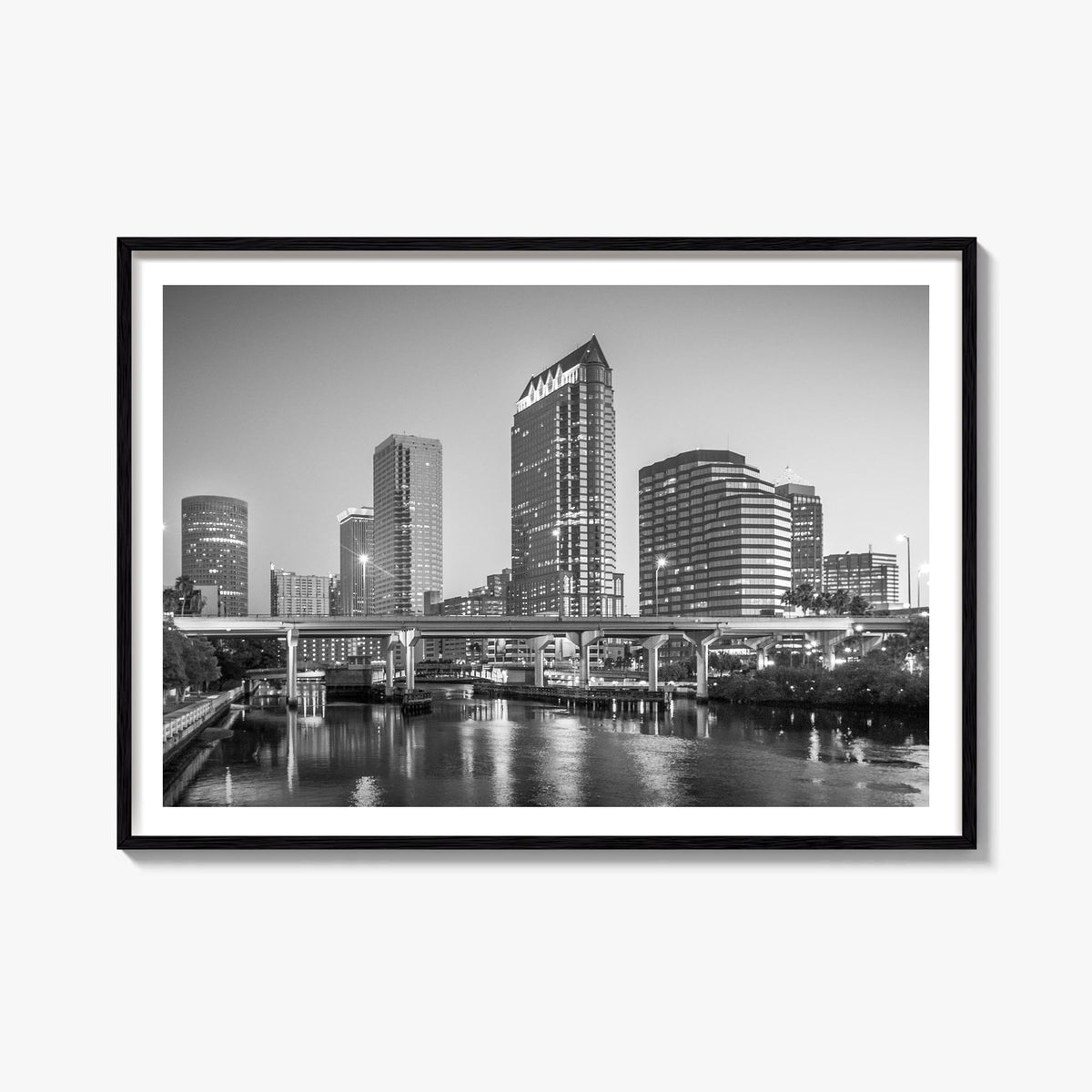 Tampa black & white photo poster of Florida, USA – horizontal wall art, unframed print shown in interior mockup