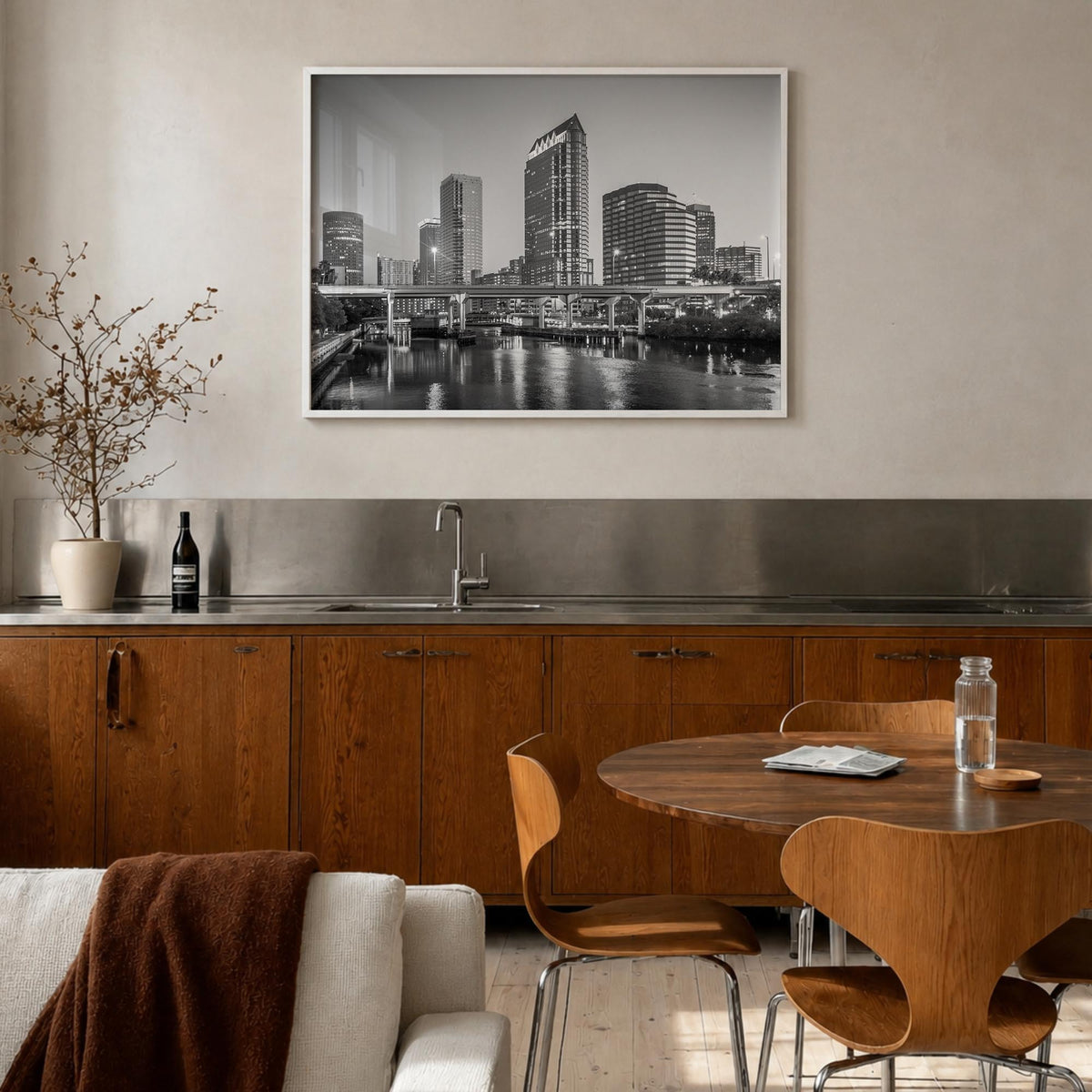 Tampa black & white photo poster of Florida, USA – horizontal wall art in white wood frame, hanging on wall