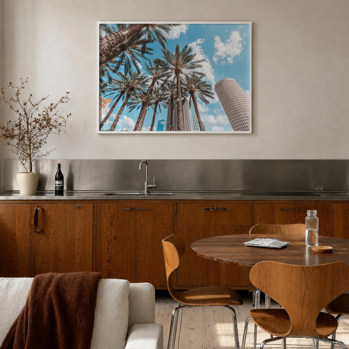 Tampa colorful photo poster of Florida, USA – horizontal wall art in white wood frame, hanging on wall