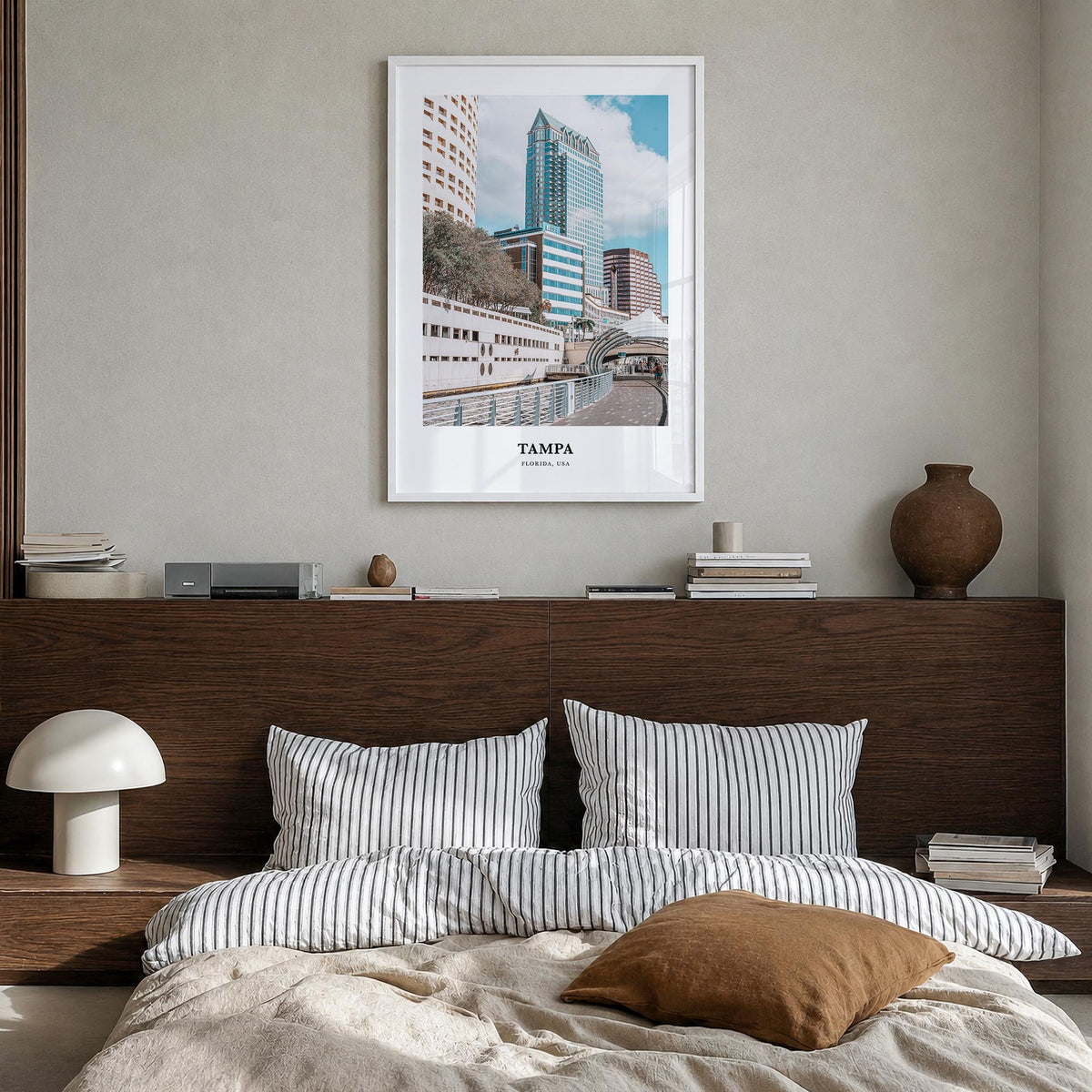 Tampa no. 1 colorful classic poster of Florida, USA – vertical wall art in white wood frame, hanging on wall