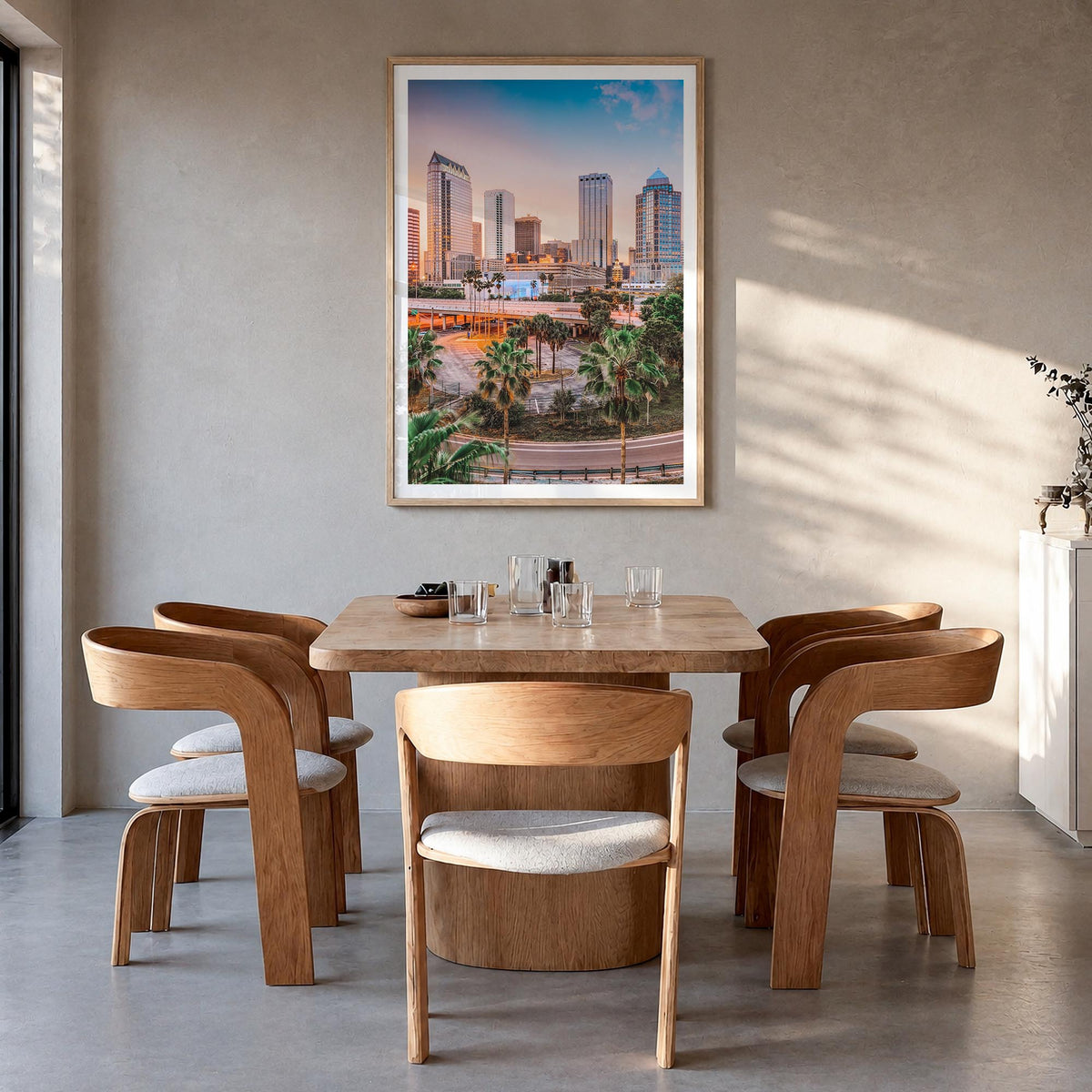 Tampa no. 1 colorful photo poster of Florida, USA – vertical wall art in natural wood frame with white border, hanging on wal