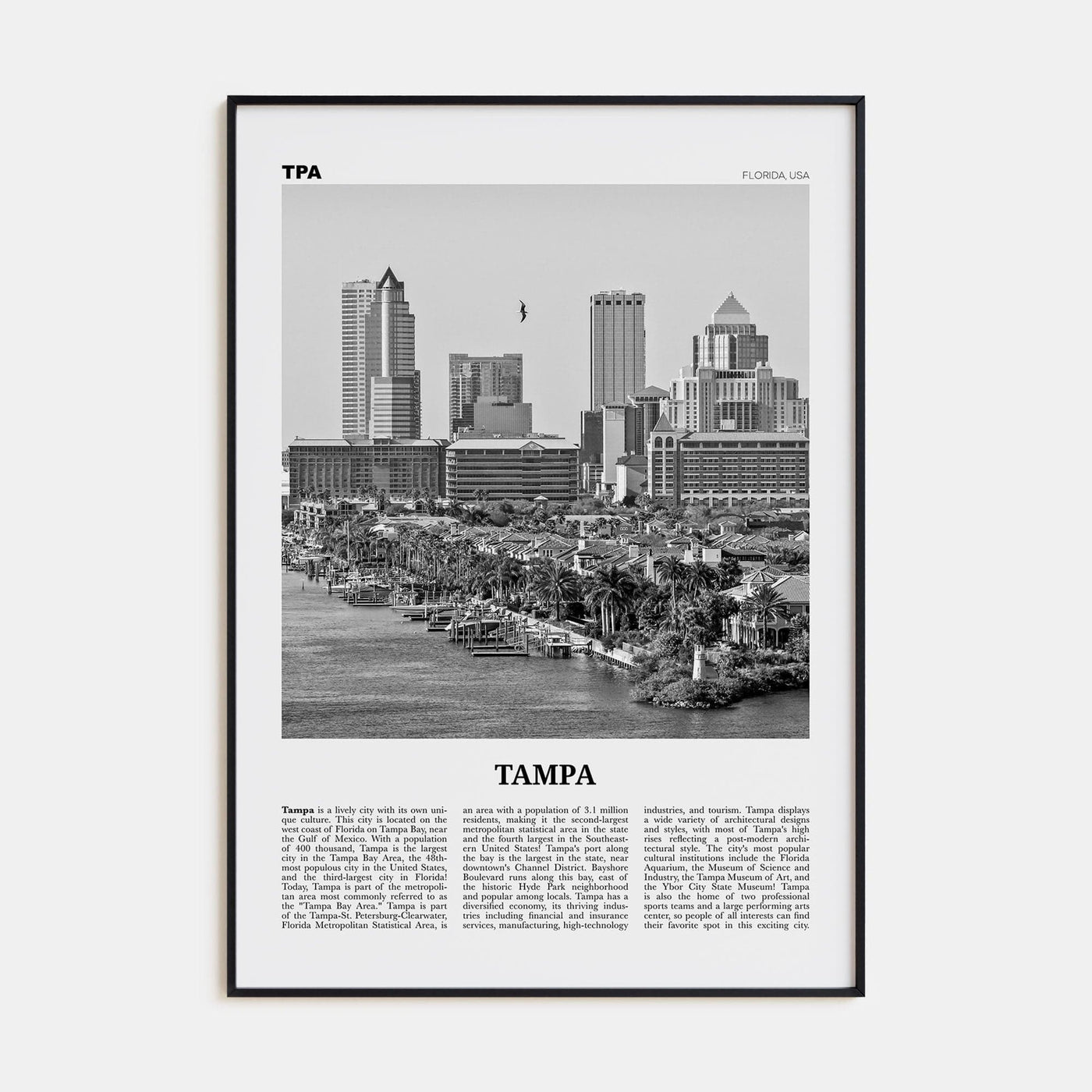 Tampa No 1 Poster Black Metal / 8x12 in Nbourhood Travel B&W Poster