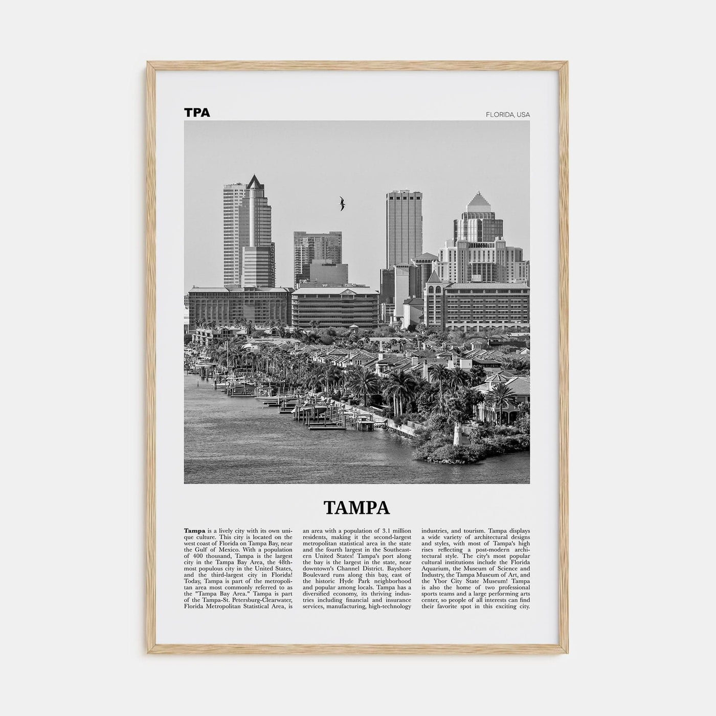 Tampa No 1 Poster Natural Wood / 8x12 in Nbourhood Travel B&W Poster