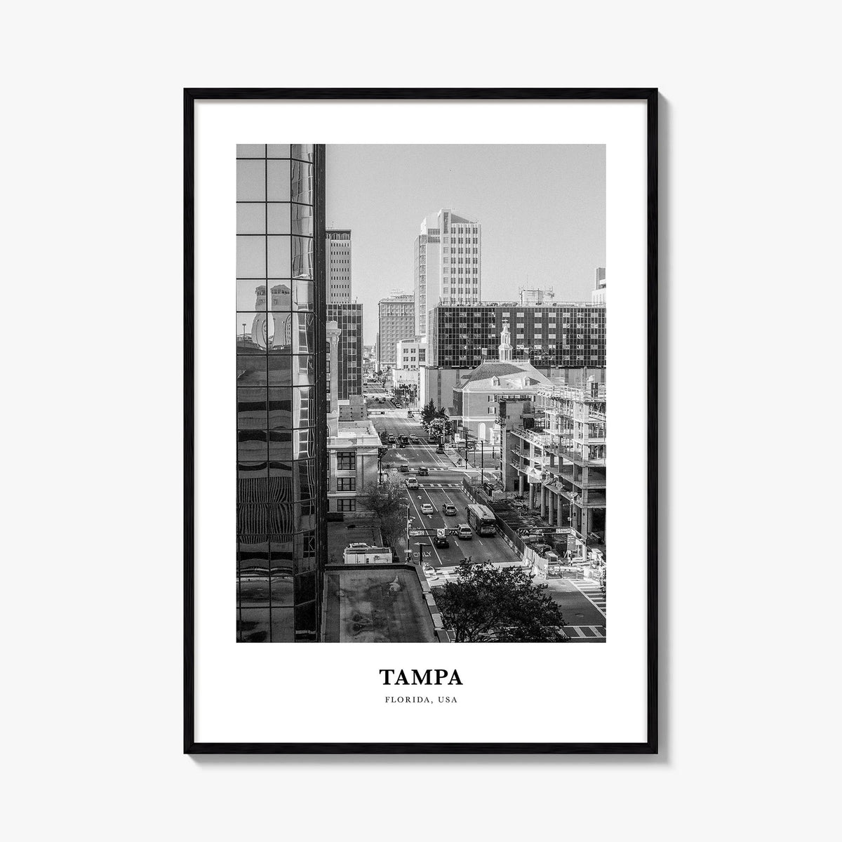 Tampa no. 2 black & white classic poster of Florida, USA – vertical wall art, unframed print shown in interior mockup