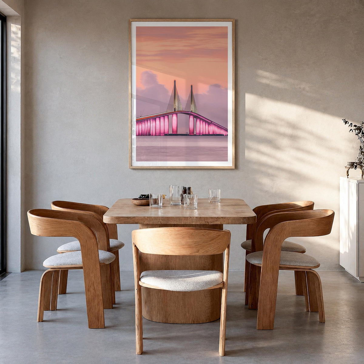 Tampa no. 2 colorful photo poster of Florida, USA – vertical wall art in natural wood frame with white border, hanging on wal