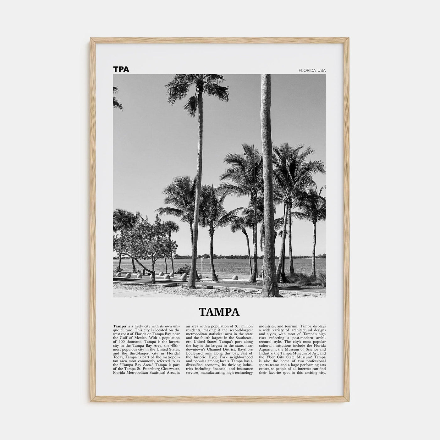 Tampa No 3 Poster Natural Wood / 8x12 in Nbourhood Travel B&W Poster