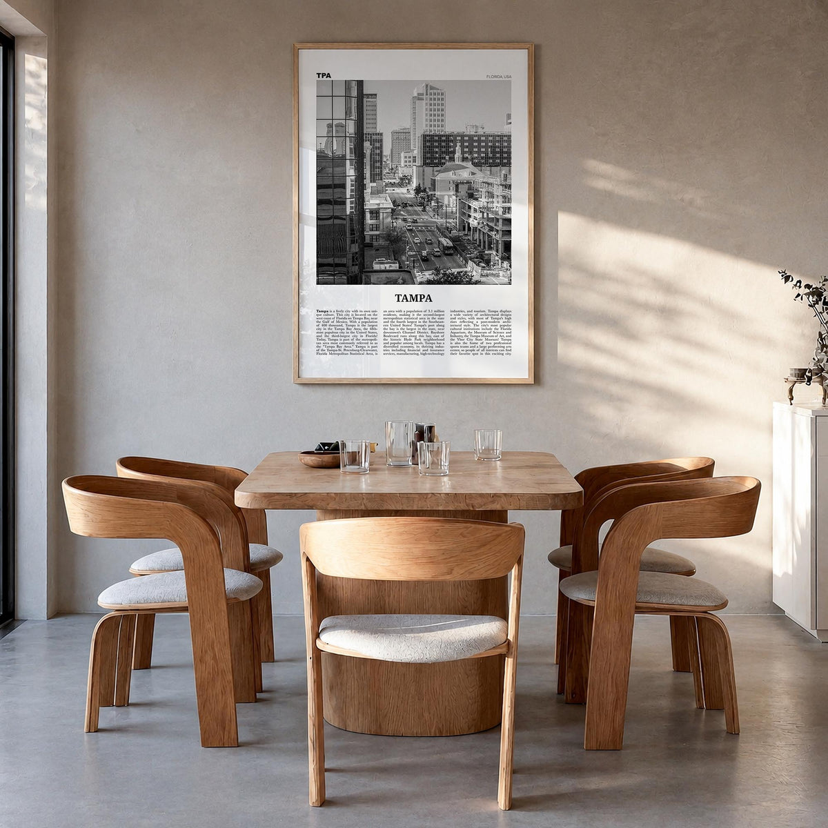 Tampa no. 4 black & white newspaper poster of Florida, USA – vertical wall art in natural wood frame, hanging on wall