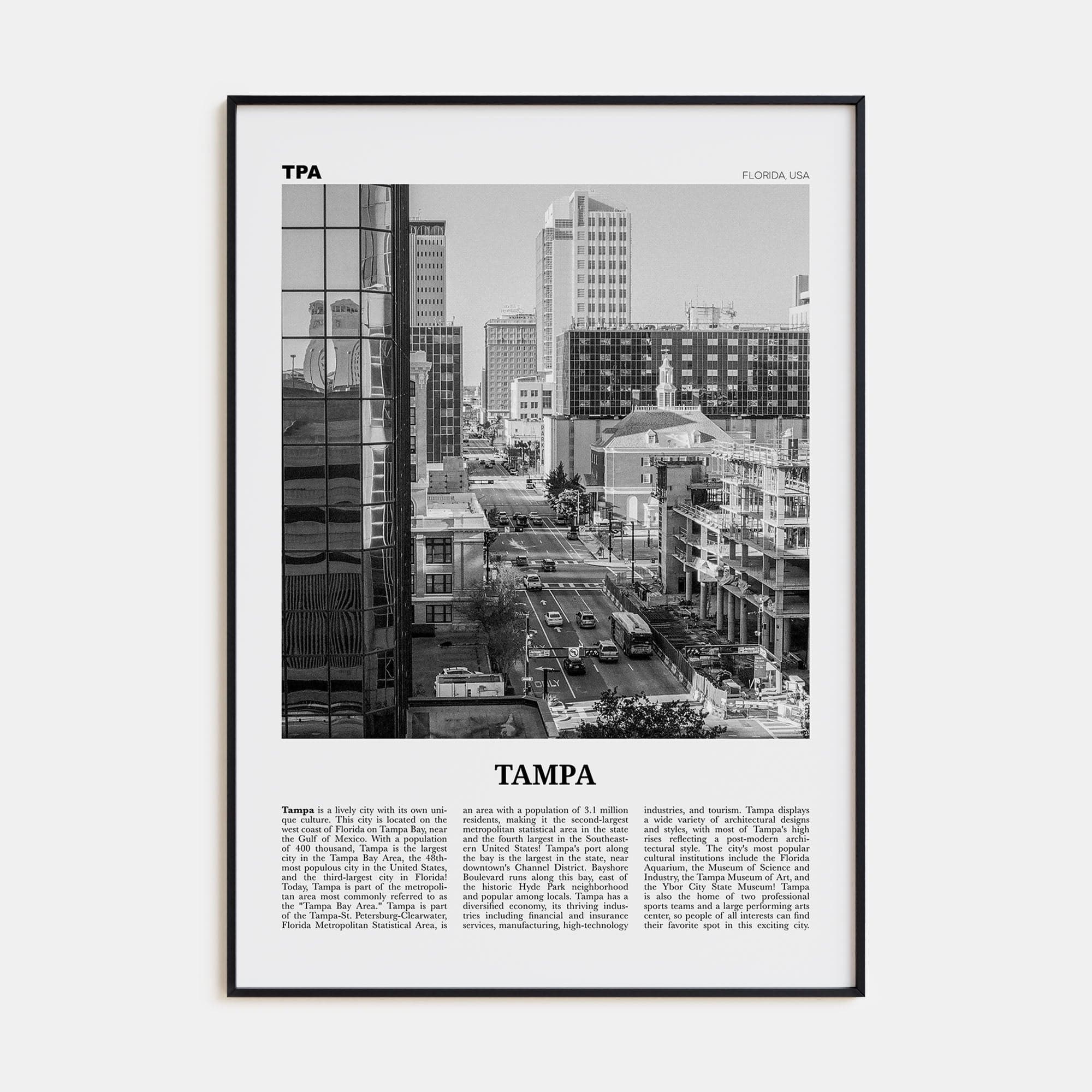 Tampa No 4 Poster Black Metal / 8x12 in Nbourhood Travel B&W Poster