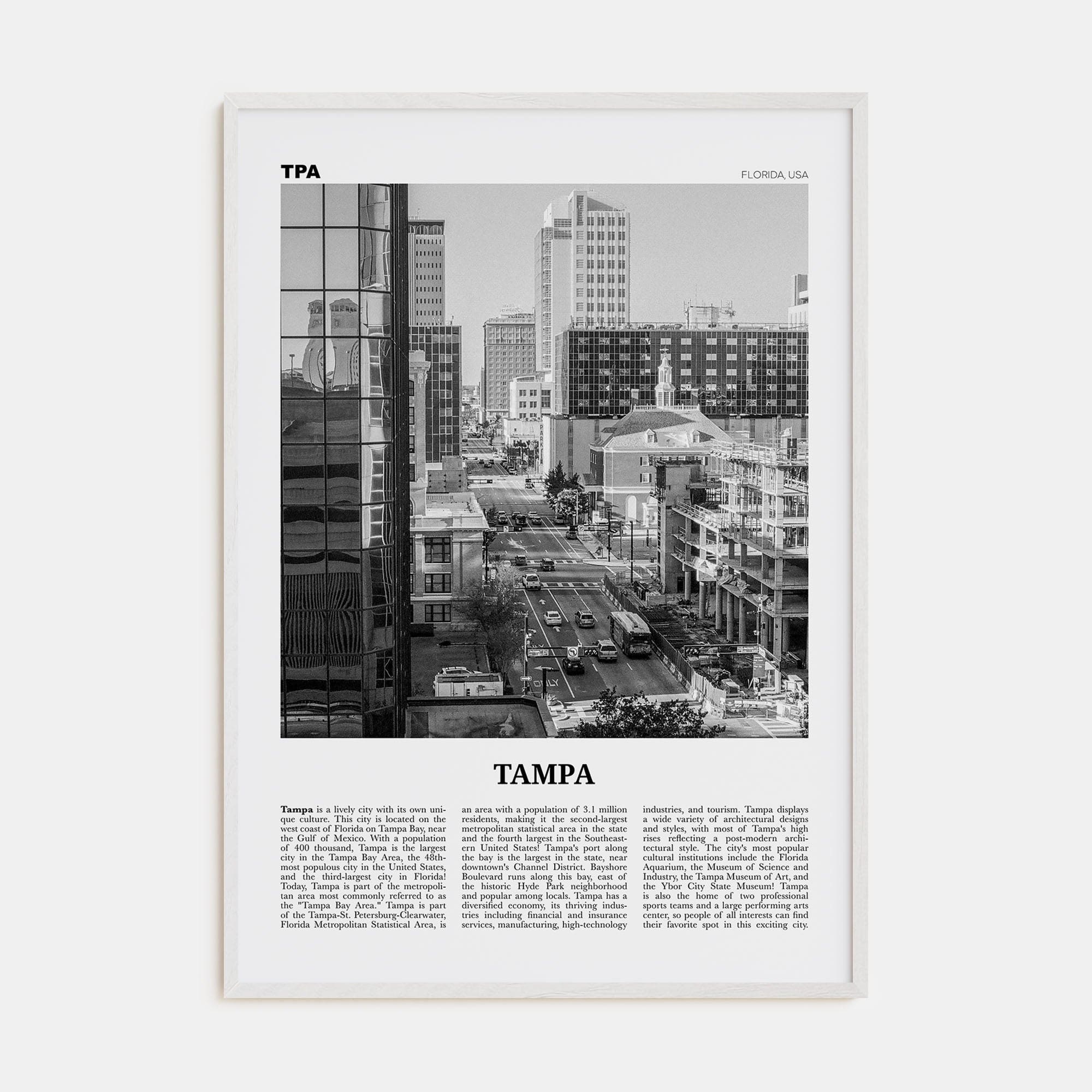 Tampa No 4 Poster White Wood / 8x12 in Nbourhood Travel B&W Poster