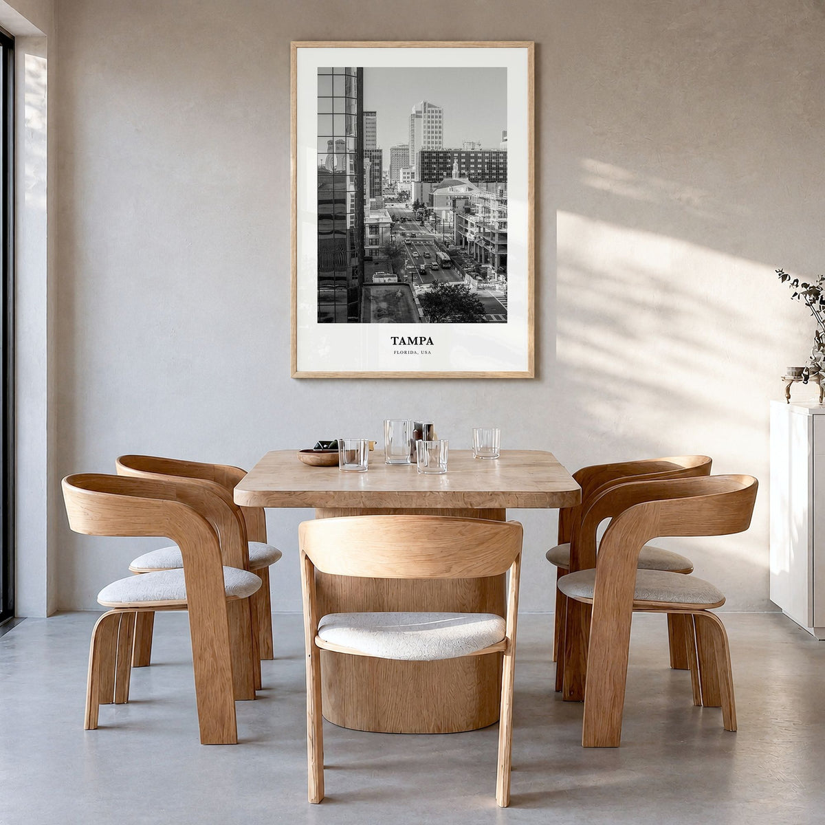 Tampa Classic No 2 Poster in a natural wood frame, hanging in a dining room