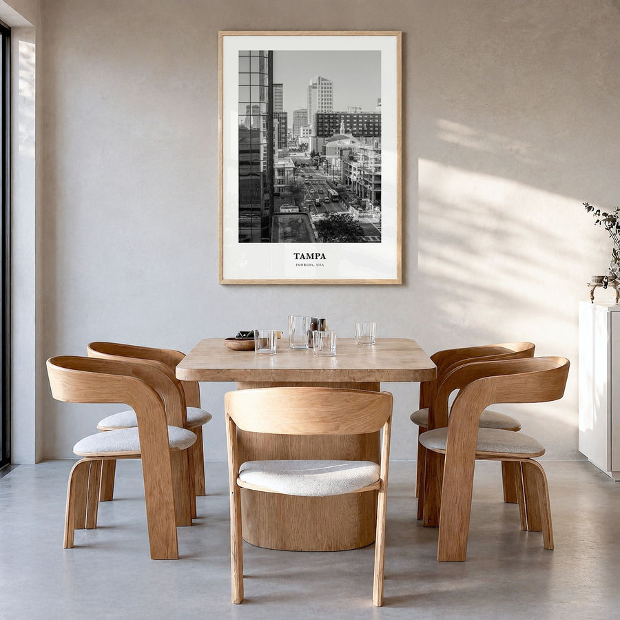 Tampa Classic No 2 Poster in a natural wood frame, hanging in a dining room